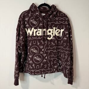Wrangler Retro Women's Hoodie Crop Fleece Rope Print Western Horse Brown XL